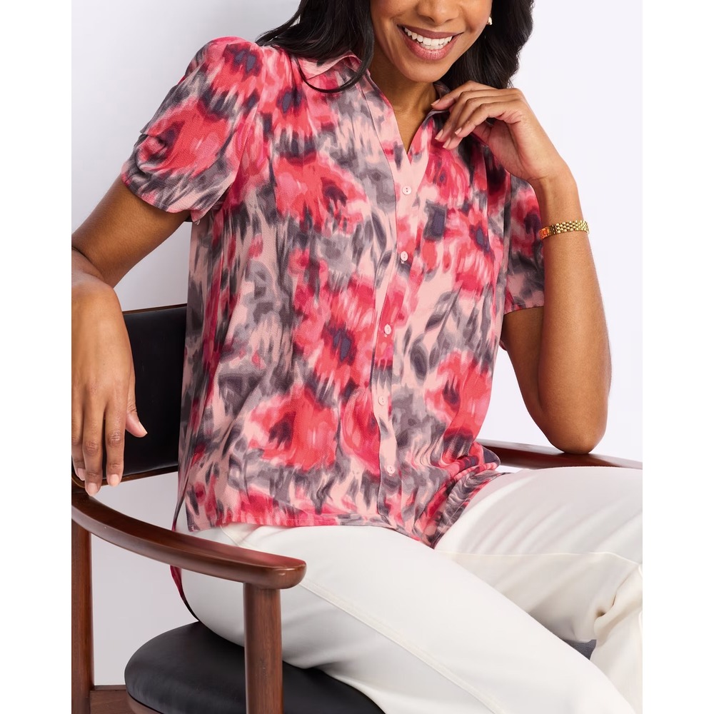 Montgomery Post Pink Floral Button Down Blouse Short Sleeve